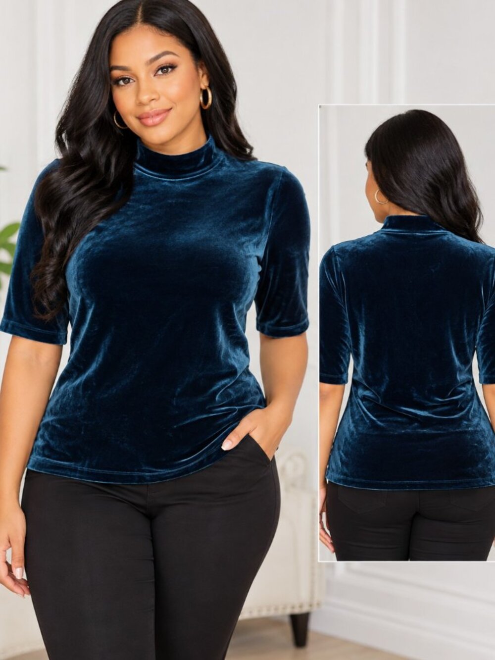 Banana Republic Elegant Soft Velvet Mock Neck Short Sleeve Chic Top Deep/Blue
